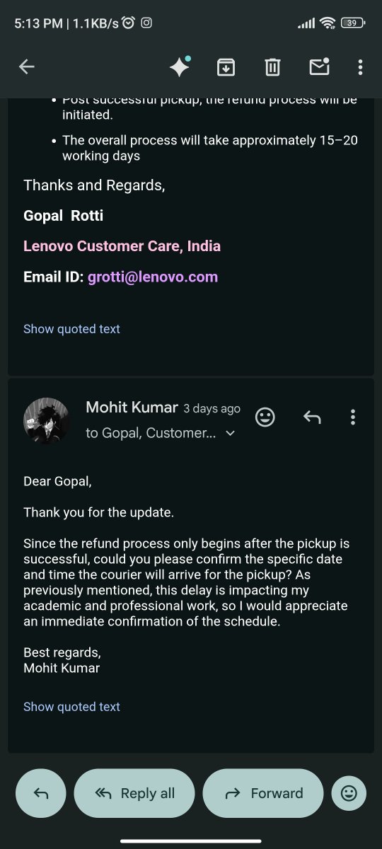 SaitamaShera's tweet photo. @LenovoSupport @Lenovo 
URGENT: Lenovo approved my ₹44,240 MDOA refund after repeated laptop repairs. It has been 2 weeks, but the laptop is still not picked up. I submitted all required bank/pickup details, yet there is no pickup refund, or response to my emails.WO: 4023966643 https://t.co/MOnsiBLg6Z