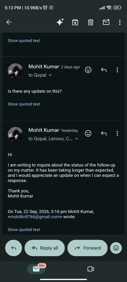 SaitamaShera's tweet photo. @LenovoSupport @Lenovo 
URGENT: Lenovo approved my ₹44,240 MDOA refund after repeated laptop repairs. It has been 2 weeks, but the laptop is still not picked up. I submitted all required bank/pickup details, yet there is no pickup refund, or response to my emails.WO: 4023966643 https://t.co/MOnsiBLg6Z