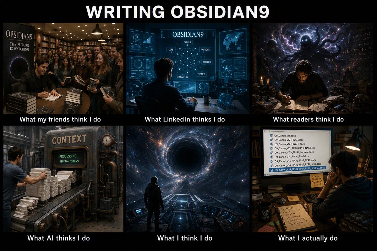 DavidBystricky's tweet photo. WRITING OBSIDIAN9

What readers think I do: Receive transmissions from the dark.

What AI thinks I do: Generate text.

What I think I do: Explore the abyss.

What I actually do: Spend three hours deciding whether the anomaly should be called: signal, transmission, or fracture... https://t.co/yh1nIhZAGD