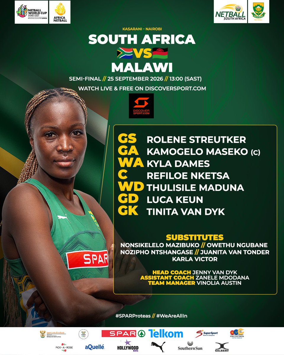 Netball_SA's tweet photo. ๐ฟ๐ฆ ๐ฆ๐ง๐๐ฅ๐ง๐๐ก๐ ๐ณ. ๐ฆ๐๐ ๐-๐๐๐ก๐๐ ๐ฅ๐๐๐๐ฌ.๐ฅ
The SPAR Proteas face the Malawi Queens with a place in the Africa Cup Final on the line.
Letโs go! ๐๐
Watch it LIVE & FREE on Discover Sport ๐ https://t.co/5PalVCnuZd
#SPARProteas #AfricaNetballCup2026 #WeAreAllIn https://t.co/hWAFi5D8Iq