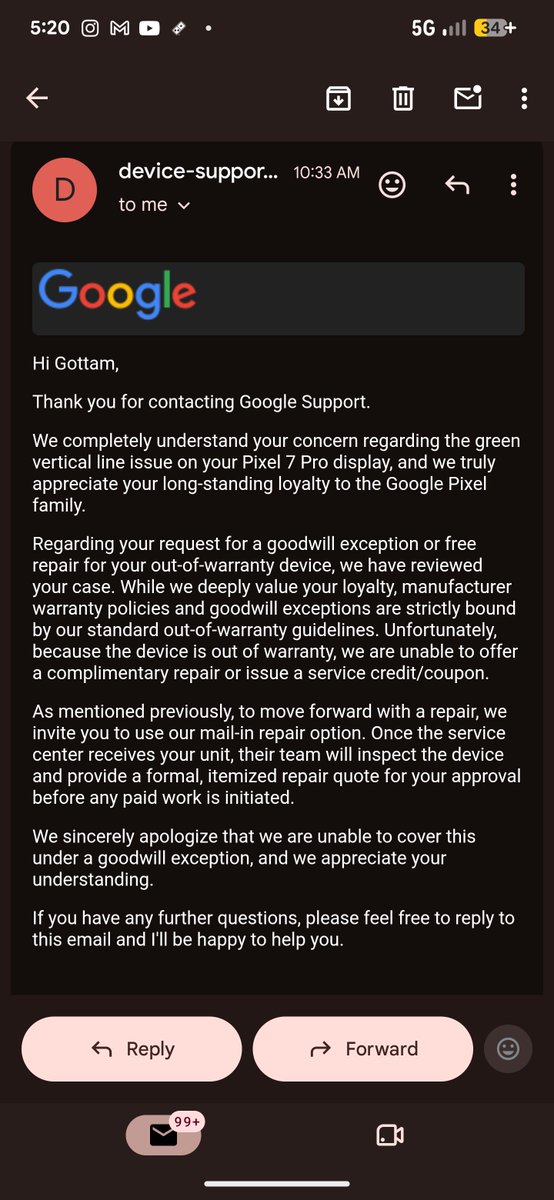 Gottam07's tweet photo. Trusted @MadeByGoogle @GoogleIndia blindly with my hard-earned money. An official update gave my Pixel 7 Pro a green line with NO physical damage. Still, the service center straight up said NO. 

Just tell me one fault of mine? Is trusting Google my only mistake? Broken trust! 💔 https://t.co/MIKyLogi0B