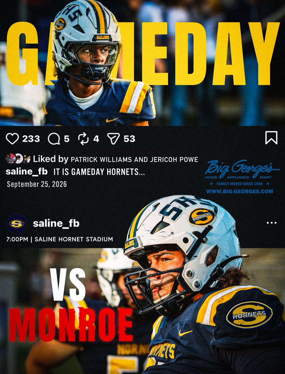 SalineFootball's tweet photo. GAME DAY IN SALINE‼️ 🐝
7PM. Be there, be loud.
#GoHornets | #OurTime https://t.co/Pu6GvNpPTq