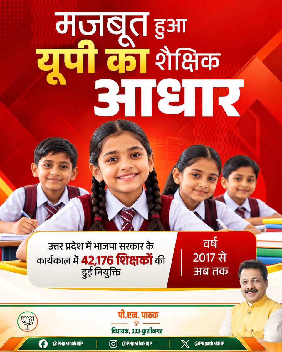 PNPathakBJP's tweet photo. मजबूत शैक्षिक आधार, बेहतर शैक्षणिक व्यवस्था और बच्चों के उज्ज्वल भविष्य की ओर बढ़ता उत्तर प्रदेश।

#BJP4UP #BJP4ViksitBharat #नवनिर्माण_के_नौ_वर्ष https://t.co/38OF6OjvP7