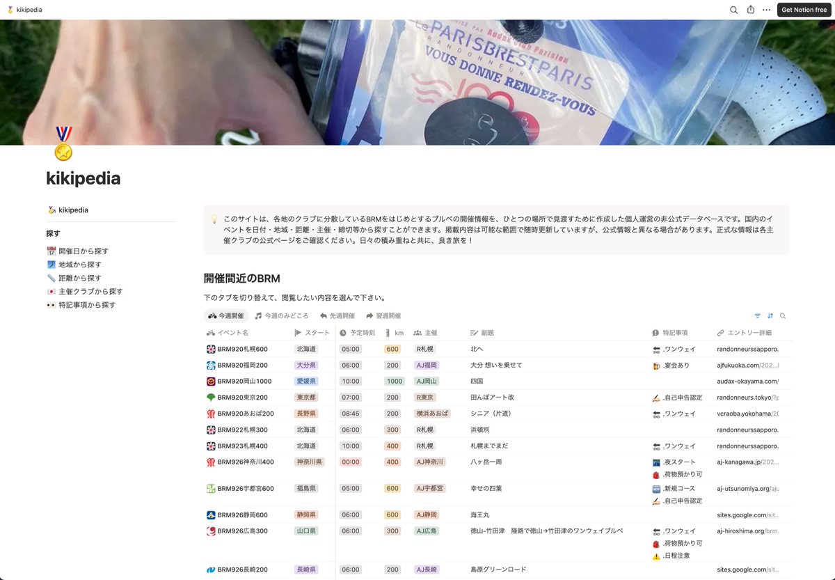 kikierre's tweet photo. 休眠期間を経て、自転車で長距離を走るイベント「Brevet（ブルベ）」のデータベース、kikipediaをリニューアルしました！サイクルイベントを探していた方々の目にも止まれば良いなと。引き続き更新していきます。オンラインも道の上も、今後ともよろしくお願いします！
https://t.co/0fflJP3hbf https://t.co/C0gSDR2sno