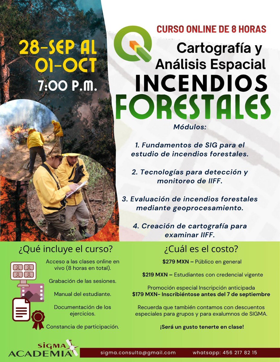 sigma_consulta's tweet photo. Curso: Cartografía y Análisis Espacial de Incendios Forestales con QGIS 🌲🔥
COMENZAMOS ESTE LUNES!
📅 28 sep–1 oct
🕖 7:00 p. m.
💻 8 horas en vivo
🌎 Participantes de otros países pago vía PayPal
Registro 🔗 https://t.co/IZhuIgjela 
📩 sigma.consulta@gmail.com
#qgis #gis #sig https://t.co/p3SUaNyYt6