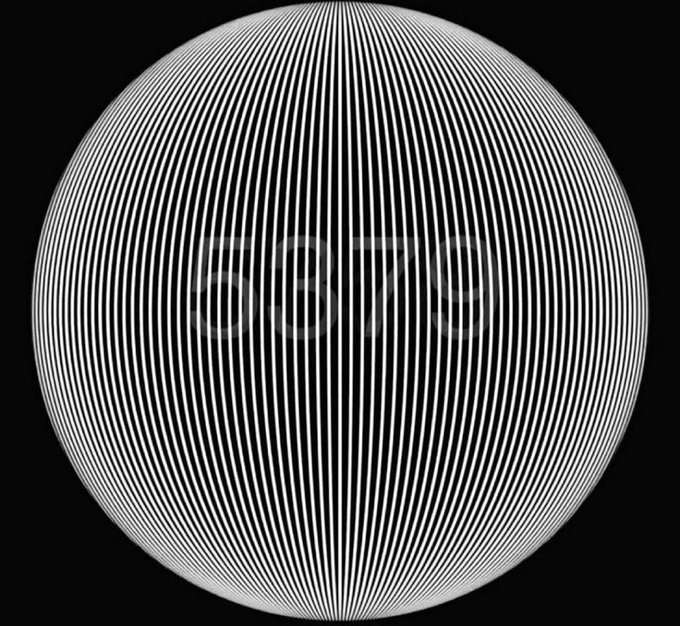 A graphic design of a large sphere made of vertical white lines on a black background, with the faint text "5000" visible in the center.