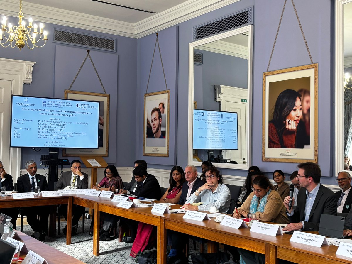 CarnegieIndia's tweet photo. In collaboration with @KingsCollegeLon and @HCI_London, Carnegie India hosted a closed-door discussion on “Bridging Technology, Security and Trade: Next Steps for India-U.K. Technology Security Initiative.”

Moderated by @KonarkBhandari, the discussion featured opening remarks by @AmbKapoor, Deputy National Security Adviser, GoI, H.E. Kumaran Periasamy, High Commissioner of India to the U.K., and Prof. Sir John Edmunds, Chief Scientific Adviser, @FCDOGovUK, along with senior government officials, industry representatives, academics, and experts from both countries.

The discussion reviewed progress on the India-U.K. Technology Security Initiative (TSI), explored new projects across key pillars, and assessed how the India-U.K. CETA can support this technology partnership. 
@shrutimittalci