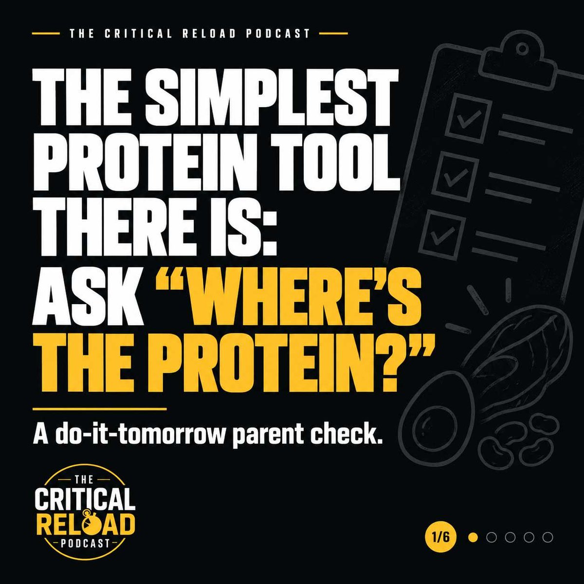 critical_reload's tweet photo. The simplest protein tool there is — no grams required:
Ask "where's the protein?" at four windows. Breakfast. Lunch. Around training. Dinner.
Mark the ones that have it. Then fix one empty window, consistently.
#SportsParents #YouthAthlete #SportsNutrition #CriticalReload #Protein