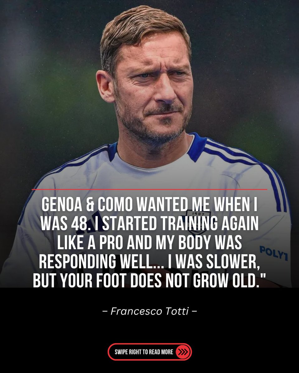 bookmbet's tweet photo. ULTIMATE LOYALTY FROM IL CAPITANO! 🐺💛🔴🇮🇹
In his new book ‘Oltre’, AS Roma legend Francesco Totti revealed that Serie A clubs Genoa and Como actually tried to sign him at 48 years old! 🤯⚽

The Italian icon revealed he took the offers seriously and started pushing his body to the limit:

🗣️ "Genoa & Como wanted me when I was 48. I started training again like a pro and my body was responding well... I was slower, but your foot does not grow old."

Despite being physically ready to step back onto the pitch, Totti turned down the return for one simple reason:

🗣️ "I was ready to return to the pitch, but I could not betray Roma... Sporting betrayal has no age, whether you are 18 or 48."

Spent his entire 24-year career at one club and refused to wear another Italian jersey even at 48 years old! True football heritage. 👑🏟️

Slide right to read all his statements! 👉📱

👇 Is Francesco Totti the most loyal player in football history? Drop a 👑 in the comments!