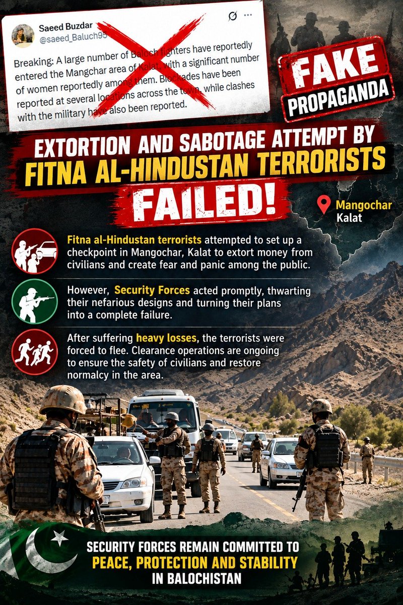 Aqib31166812315's tweet photo. 🔴 Extortion Bid Foiled in Mangchar!
Terrorists linked to Fitna-ul-Hindustan allegedly tried to set up a roadblock in Mangchar, Kalat for extortion and intimidation. Security Forces responded swiftly and foiled the attempt.
#Mangchar #Kalat #SecurityForces https://t.co/rJXnmFRpX1