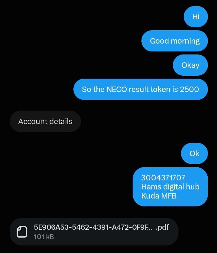 meedah2000's tweet photo. NECO result token successfully delivered. β
π
Another customer sorted, another smooth transaction. π«‘
NECO Result Tokens available at β¦2,500.
Need yours? Send a DM or Whatsapp 08163493683 to place your order. π²π₯
#hamsdigitalhub #NECO #NECORESULT https://t.co/ZUmUw77D6F