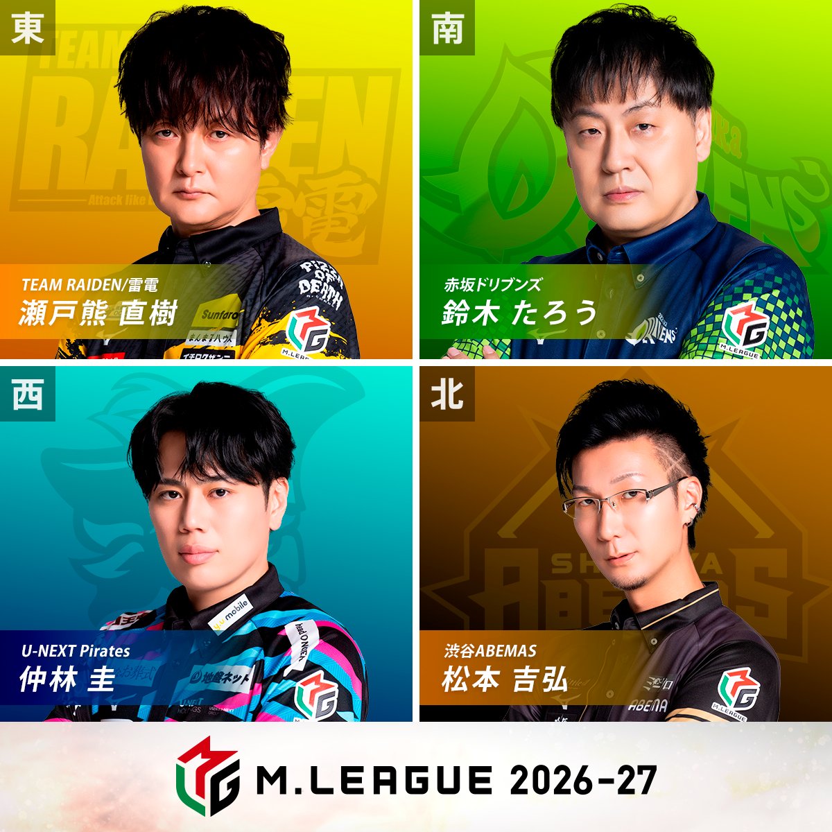 m_league_'s tweet photo. 【２卓同時開催】
大和証券 #Mリーグ 2026-27
9/25(金) レギュラーシーズン
8日目/94日

🀄麻雀ch🀄
第2️⃣試合の出場選手発表

東家：#瀬戸熊直樹
TEAM RAIDEN/雷電

南家：#鈴木たろう
赤坂ドリブンズ

西家：#仲林圭
U-NEXT Pirates

北家：#松本吉弘
渋谷ABEMAS

実況：#日吉辰哉
解説：#滝沢和典