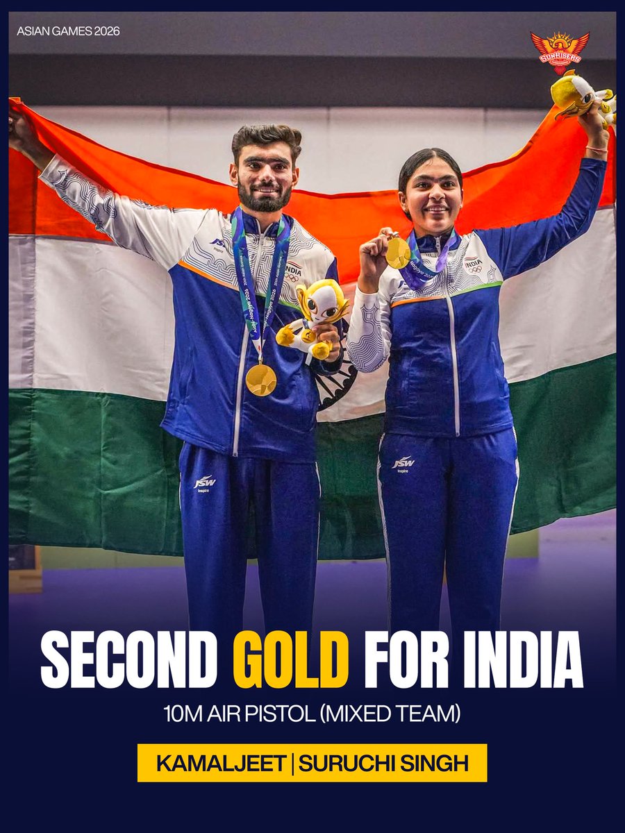 SunRisers's tweet photo. A moment of pride in the form of our second gold 🥇🇮🇳

Congratulations, Suruchi and Kamaljeet 🧡 https://t.co/q8eXMHOUdp