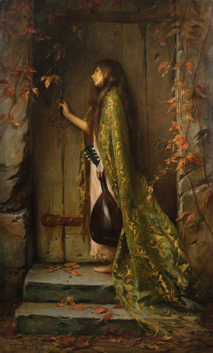 ArtorOtherThing's tweet photo. The Little Cicada or Portrait of the Artist's Daughter, Albert Joseph Pénot, 1901.

Pénot built his reputation almost entirely on macabre, darkly sensual nudes, witches heading to the Sabbath, a woman literally titled "The Bat-Woman." This painting is a strange outlier in that body of work: a tender, fully clothed portrait of his own daughter, knocking at a locked door with a lute in hand. Even his most gothic biographers seem thrown by how gentle it is compared to everything else he made.
