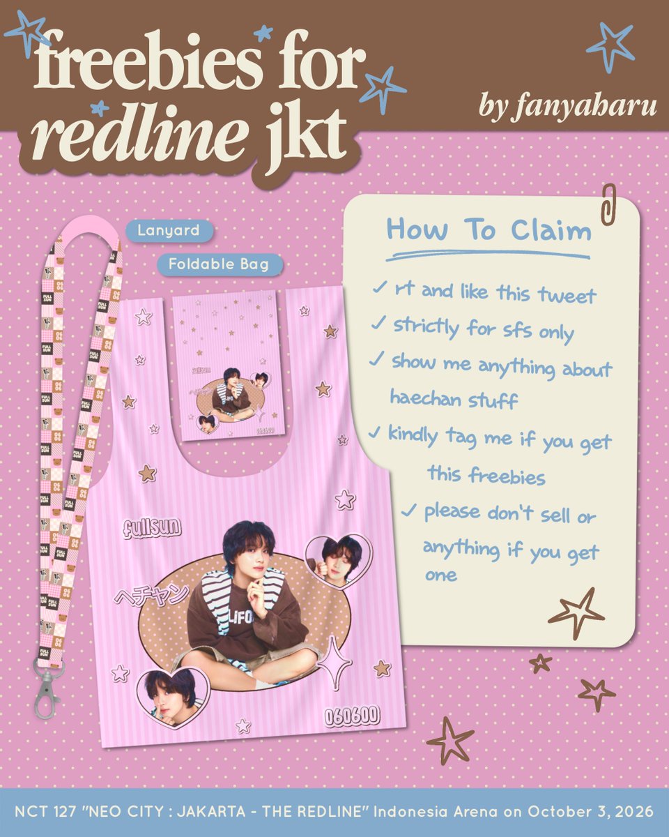 fanyaharu's tweet photo. ꒰ haechan freebies for redline in jakarta ꒱ ♡ | by @fanyaharu

★ limited qty 

🗓️ : 3 october 2026 
📍 : indonesia arena 
spot and time will be updated on d-day! 

rt &amp; like are appreciated
see yoOu!!♡ https://t.co/1LxJaCPYdw