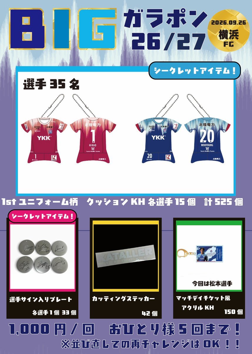 kataller_goods's tweet photo. 📢グッズ情報📢
🆚#横浜FC
🗓9/26(土) 
⌚17:00 KICK OFF 
🏟富山県総合運動公園陸上競技場
👑カタライズ創刊記念北日本新聞スペシャルマッチ  

明日の #BIGガラポン は💁‍♂
🌟1stユニ柄クッションKH 　
※35選手　
🌟選手直筆サイン入りプレート
 ※33選手
🌟カッティングステッカー
🌟マッチデーチケット風キーホルダー 　　
※今回は松本選手  
のラインナップです！

  明日もみなさまのご来場、ご声援を楽しみにお待ちしております！
⚽️ 🆕✅✅✅✅✨