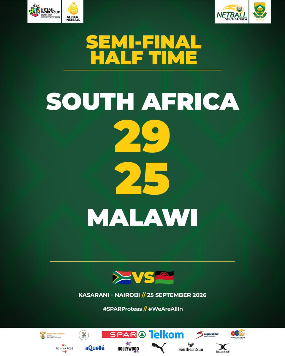 Netball_SA's tweet photo. ๏ฟฝ๏ฟฝ๏ฟฝ ALL TO PLAY FOR!
A tight first half between the SPAR Proteas and Malawi Queens. ๐ฟ๐ฆ๐ฒ๐ผ
One half. One place in the final on the line. ๐๐
Watch it LIVE & FREE on Discover Sport ๐ https://t.co/5PalVCnuZd
#SPARProteas #AfricaNetballCup2026 #WeAreAllIn https://t.co/MDOX9oYGm0