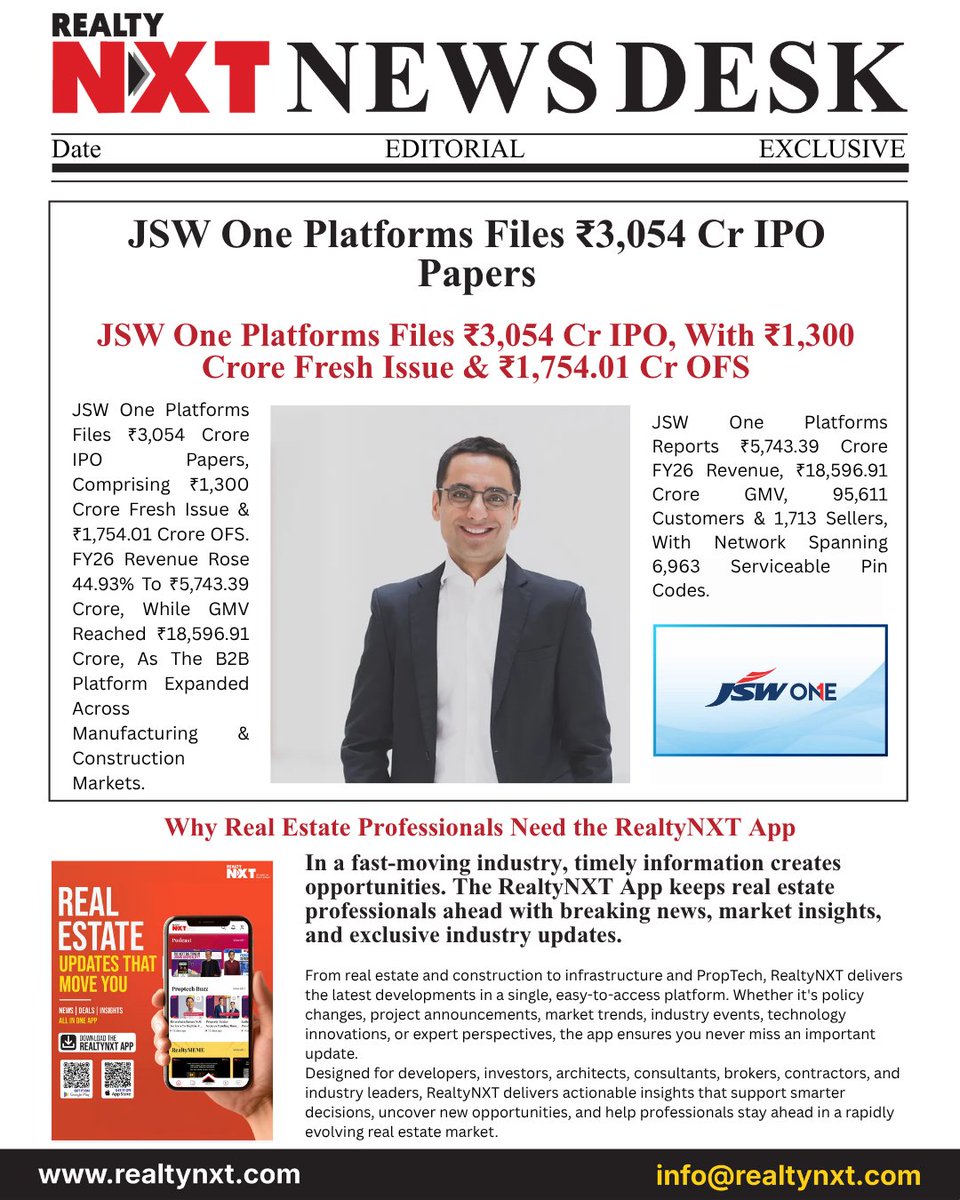 RealtyNXT's tweet photo. #News | JSW One Platforms Files ₹3,054 Cr IPO; ₹1,300 Cr Fresh Issue, ₹1,754.01 Cr OFS. FY26 Revenue ₹5,743.39 Cr, Up 44.93%.
#RealtyNXT #JSWOnePlatforms #JSW #IPO #IPO2026 #StockMarket #B2B https://t.co/XY7ZqXmIbu