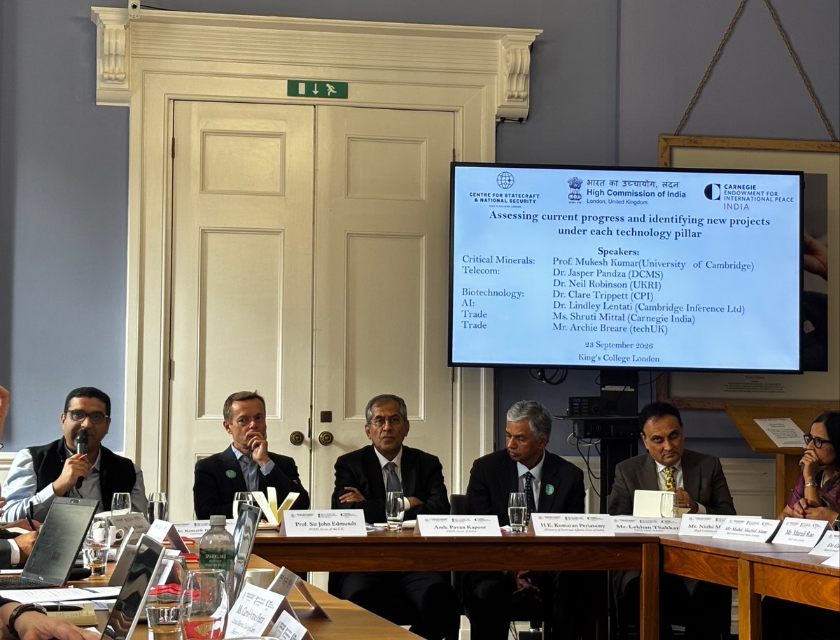 CarnegieIndia's tweet photo. In collaboration with @KingsCollegeLon and @HCI_London, Carnegie India hosted a closed-door discussion on “Bridging Technology, Security and Trade: Next Steps for India-U.K. Technology Security Initiative.”

Moderated by @KonarkBhandari, the discussion featured opening remarks by @AmbKapoor, Deputy National Security Adviser, GoI, H.E. Kumaran Periasamy, High Commissioner of India to the U.K., and Prof. Sir John Edmunds, Chief Scientific Adviser, @FCDOGovUK, along with senior government officials, industry representatives, academics, and experts from both countries.

The discussion reviewed progress on the India-U.K. Technology Security Initiative (TSI), explored new projects across key pillars, and assessed how the India-U.K. CETA can support this technology partnership. 
@shrutimittalci