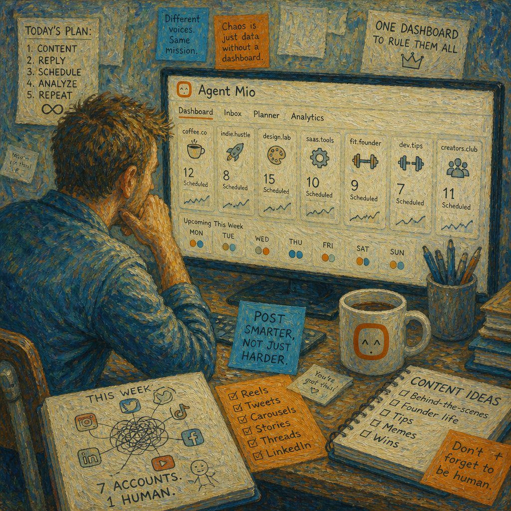 AgentMio's tweet photo. Managing 7 brand voices manually is impossible—this week proved it. Monday: juggling calendars almost broke me. By Friday: every brand posted on time, on-voice, zero stress, one dashboard. AI-powered automation isn't the future, it's just Tuesday now. Try AgentMio free 👉 https://t.co/yepiYhWCR4