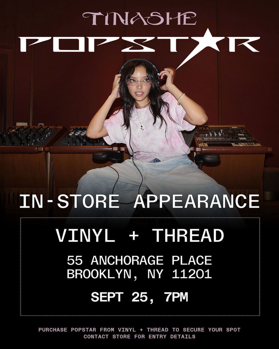 baragendanyc's tweet photo. Tonight at 7:00 PM at Vinyl + Thread
@tinashe continues a day of special NYC appearances with an evening stop at Brooklynβs Vinyl + Thread.
#Tinashe #NYCHipHop #NYCEvents #HipHopEvents #BarAgendaNYC https://t.co/WMXLFIXjmf