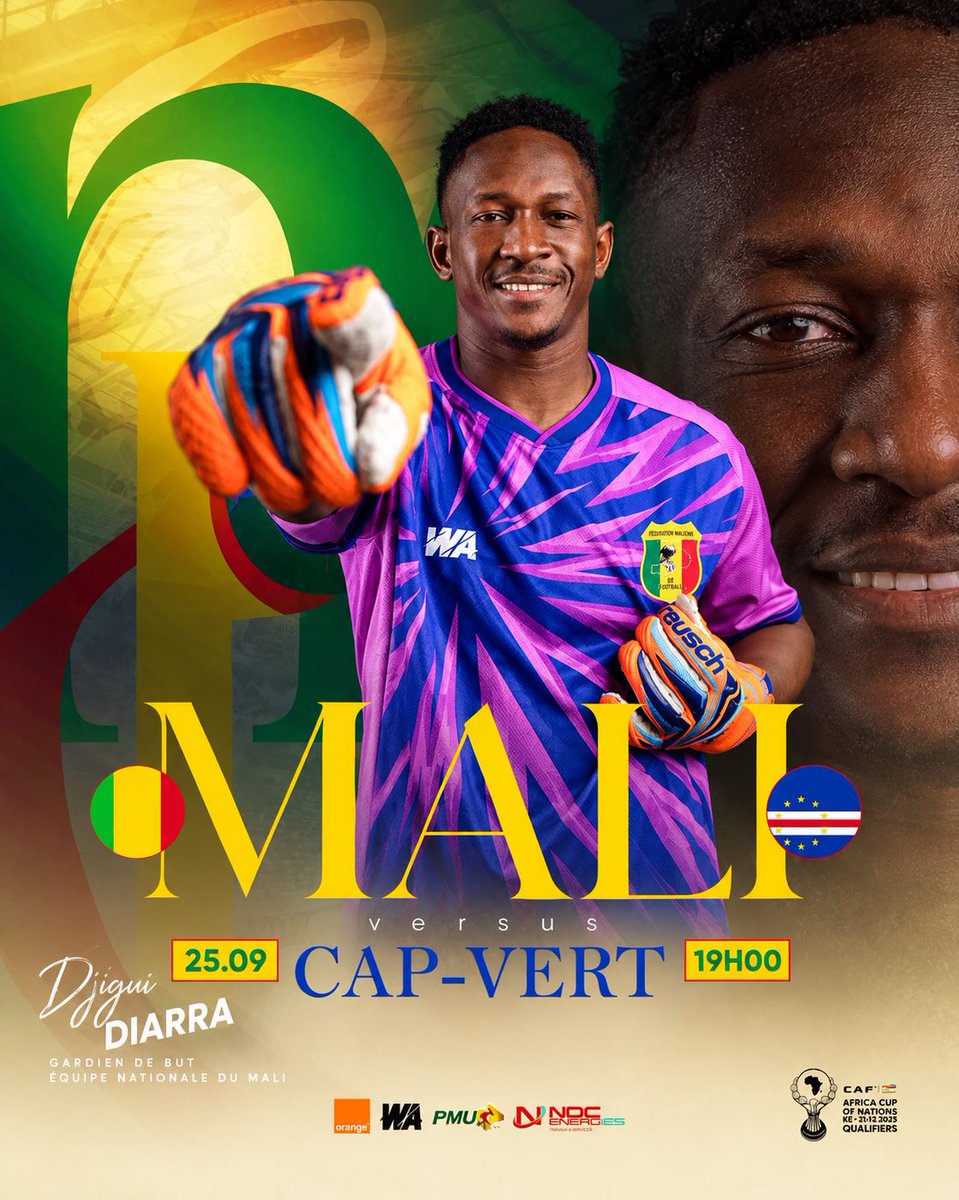 DjiguiOfficiel's tweet photo. 🇲🇱🔥 JOUR DE MATCH !

Les Aigles du Mali affrontent le Cap-Vert ce soir ! 🦅⚽

🆚 Mali 🇲��� — 🇨🇻 Cap-Vert
📅 25 septembre
⏰ 19H00

Tous derrière les Aigles ! 💚💛❤️
Allez Mali ! 🇲🇱🦅

#Mali #AiglesDuMali #DjiguiDiarra #MaliCapVert #JourDeMatch #AFCON2025 https://t.co/wB8d6RDfhG
