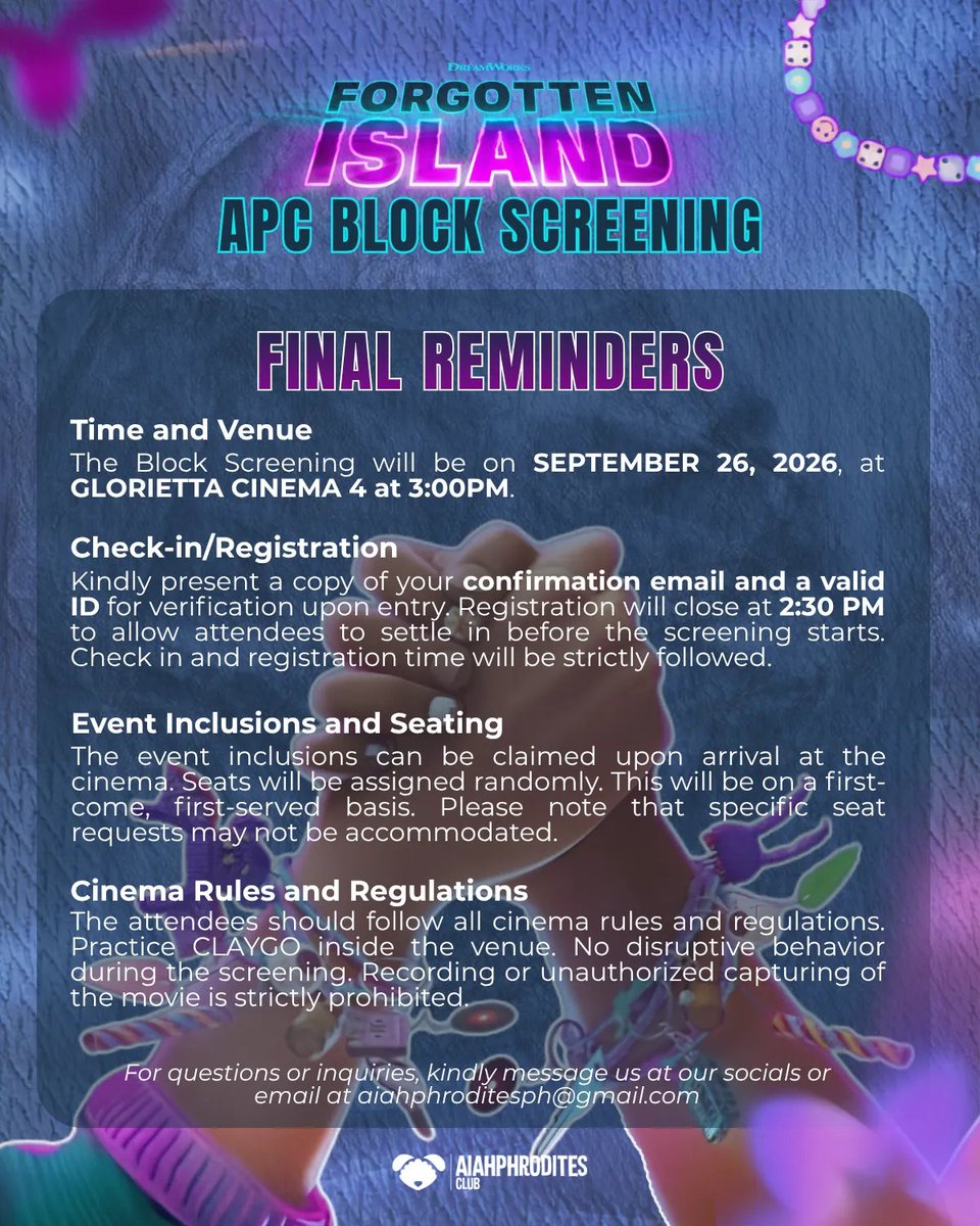 APCforAiah's tweet photo. Tayo na, Aiahphrodites &amp; Blooms! 🏝

Everything's set for TOMORROW for our Forgotten Island Block Screening—make sure you're ready, too! 👀   

Kindly read our final reminders before the lights go down! 🎬  

See you at Glorietta Cinema 4! 💫

#AiahphroditesClub 
#ForgottenIsland https://t.co/JgfkG7YSvc