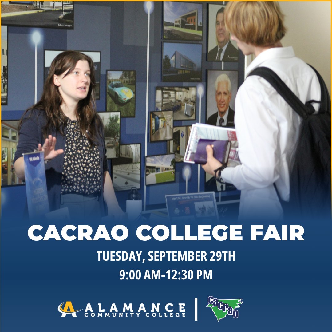 AlamanceCC's tweet photo. 📣 It's almost time! The 2026 CACRAO College Fair will take place on September 29 from 9 AM–12:30 PM. Explore 70+ colleges and universities all in one place. Don't miss out!
#CACRAO #AlamanceCommunityCollege #CollegeReady https://t.co/9jP51sfFI1
