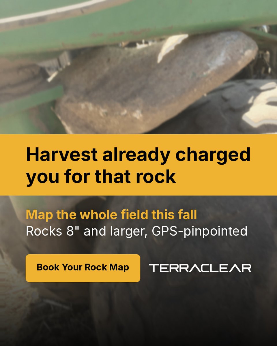 TerraClearInc's tweet photo. Harvest already charged you for that rock.
The most expensive way to find one is with a machine.
Map the whole field.
https://t.co/yy9kpLkeiO
#AgricultureTech #PrecisionFarming #FarmEquipment #AgTechSolutions #FarmMaintenance https://t.co/UXuUYQpJ7E