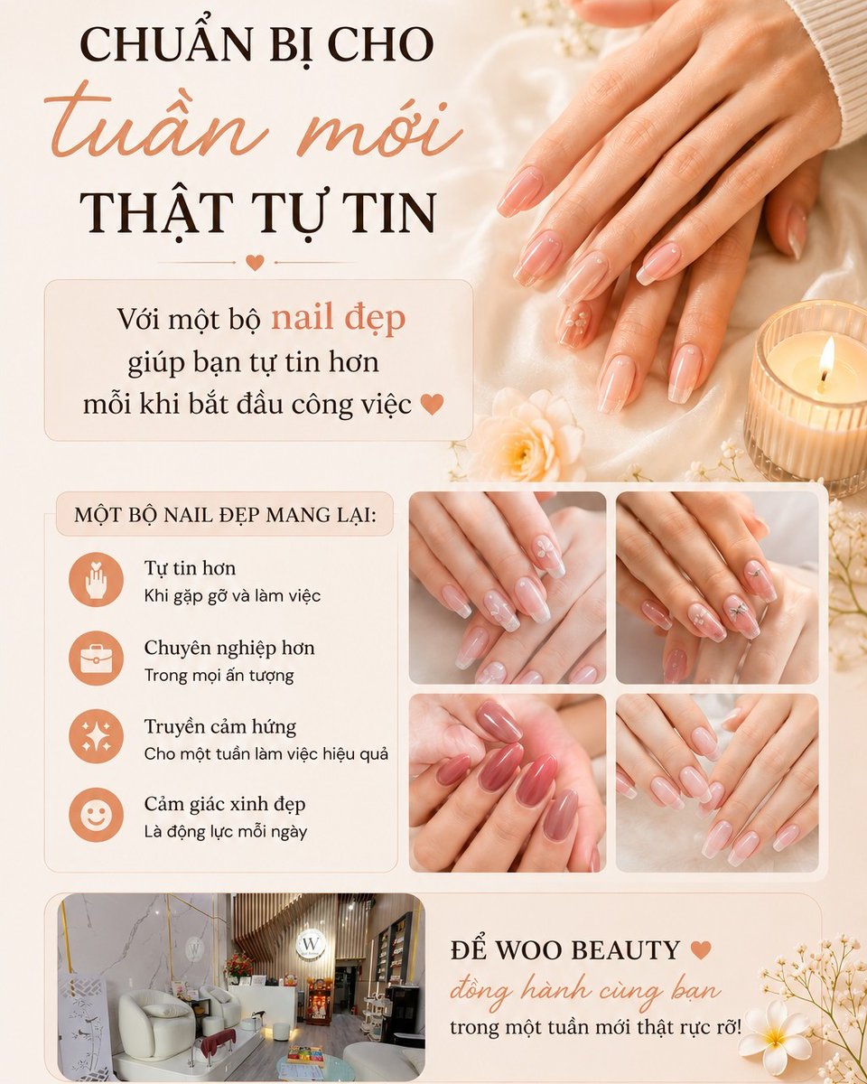 ArnoldImhoff's tweet photo. Tuần mới tự tin hơn với một bộ nail chỉn chu từ WOO BEAUTY. Dành thời gian chăm sóc bản thân để luôn rạng rỡ, chuyên nghiệp và tràn đầy năng lượng. Bạn thích phong cách nhẹ nhàng hay cá tính? https://t.co/C3RJju0shd
