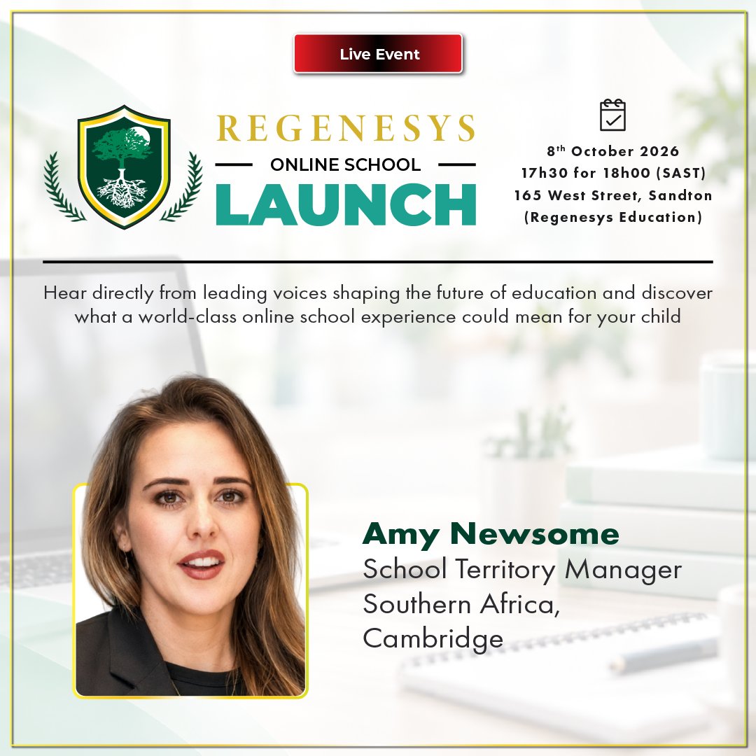 RegenesysOnline's tweet photo. Join us for the official launch of Regenesys Online School, and hear from leading voices shaping the future of education in South Africa.

Date: 8 October 2026
Time: 17h30 for 18h00 (SAST)
Venue: Regenesys Education 

Register now: https://t.co/Tn3XORYie1 https://t.co/Wmsj2HdCDJ