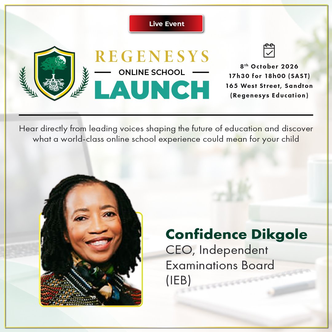 RegenesysOnline's tweet photo. Join us for the official launch of Regenesys Online School, and hear from leading voices shaping the future of education in South Africa.

Date: 8 October 2026
Time: 17h30 for 18h00 (SAST)
Venue: Regenesys Education 

Register now: https://t.co/Tn3XORYie1 https://t.co/Wmsj2HdCDJ