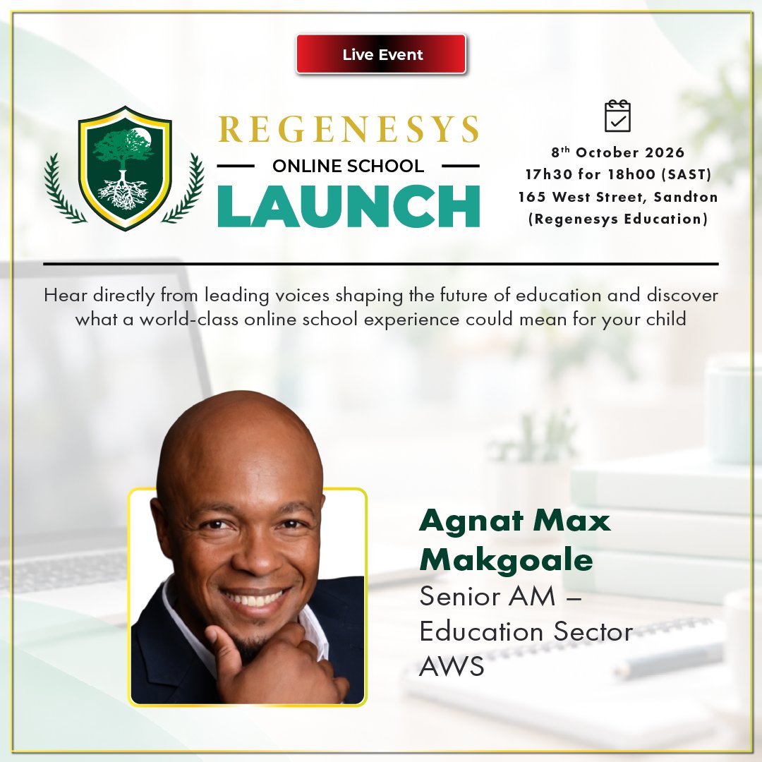 RegenesysOnline's tweet photo. Join us for the official launch of Regenesys Online School, and hear from leading voices shaping the future of education in South Africa.

Date: 8 October 2026
Time: 17h30 for 18h00 (SAST)
Venue: Regenesys Education 

Register now: https://t.co/Tn3XORYie1 https://t.co/Wmsj2HdCDJ
