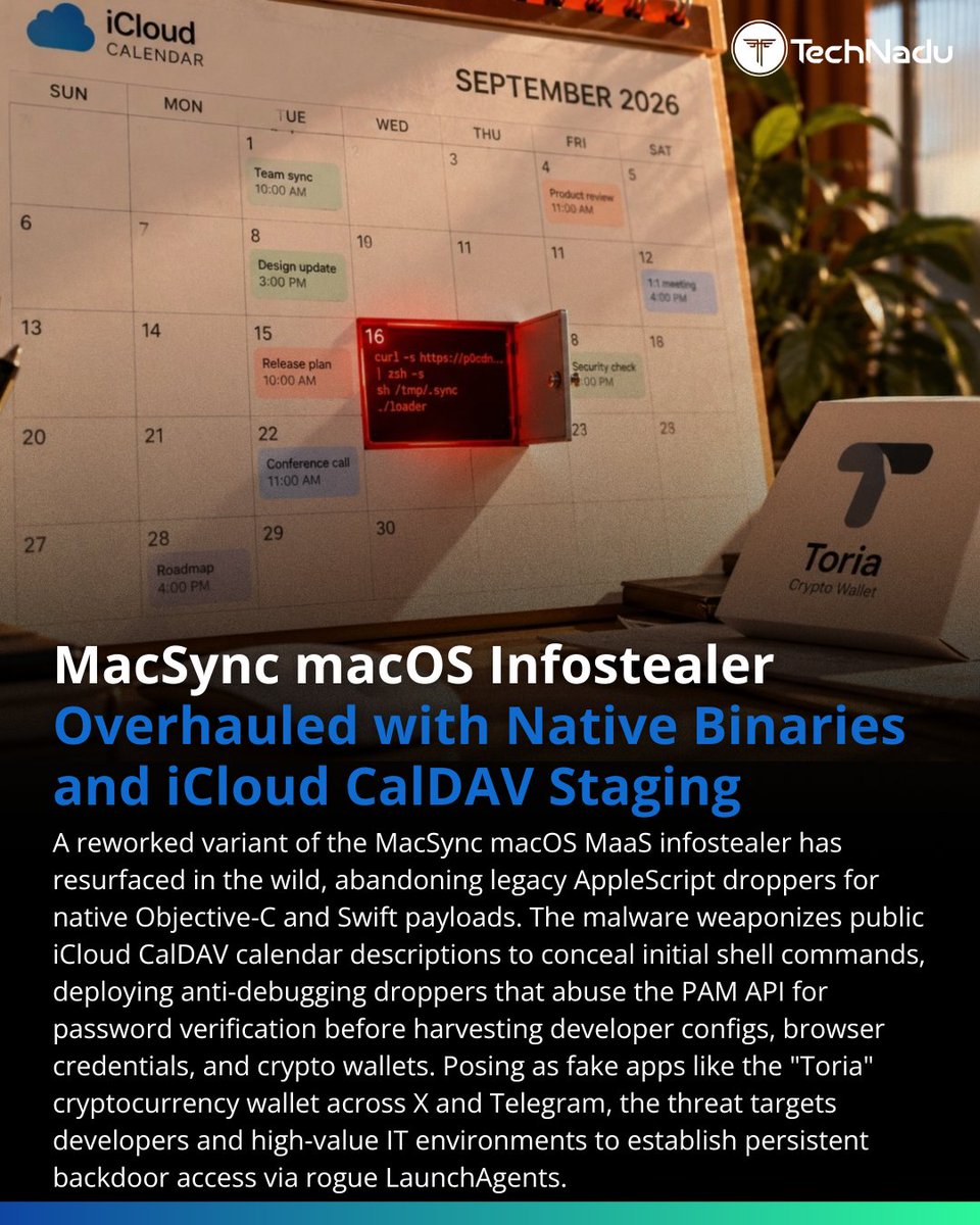 TechNadu's tweet photo. MacSync is back with a reworked macOS infection chain.
@kaspersky found one sample pulling shell commands from a public iCloud CalDAV calendar before deploying binary stealers and a backdoor targeting wallets, Keychain, SSH, AWS and Kubernetes data.
#TechNaduSecurityDesk https://t.co/hLUTi8eAlL