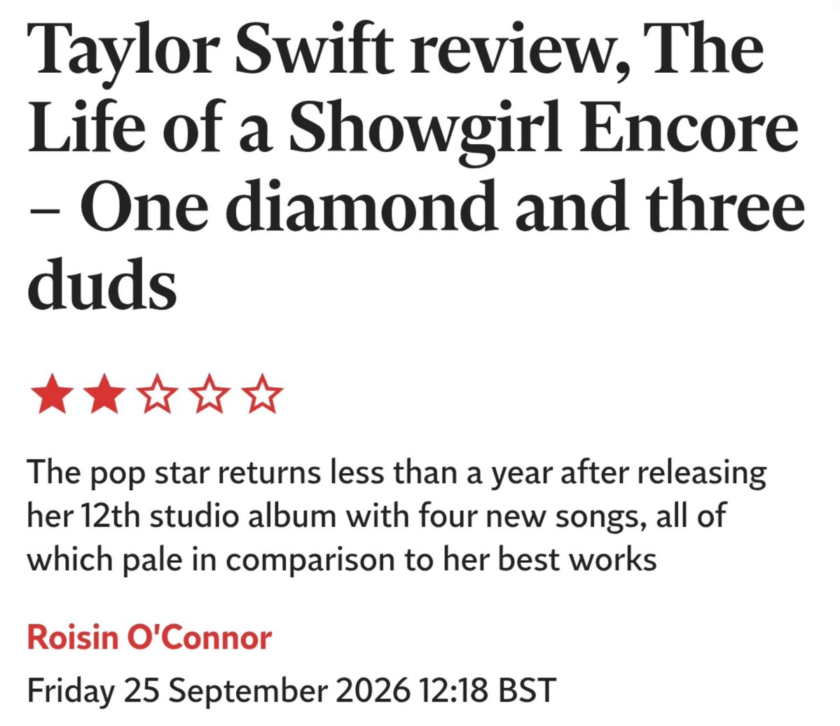 VaelisFox's tweet photo. 📰 The Independent has rated Taylor's "The Life of a Showgirl: The Encore" with 40/100.

"The pop star returns less than a year after releasing her 12th studio album with four new songs, all of which pale in comparison to her best works." https://t.co/1lA05qdCl8