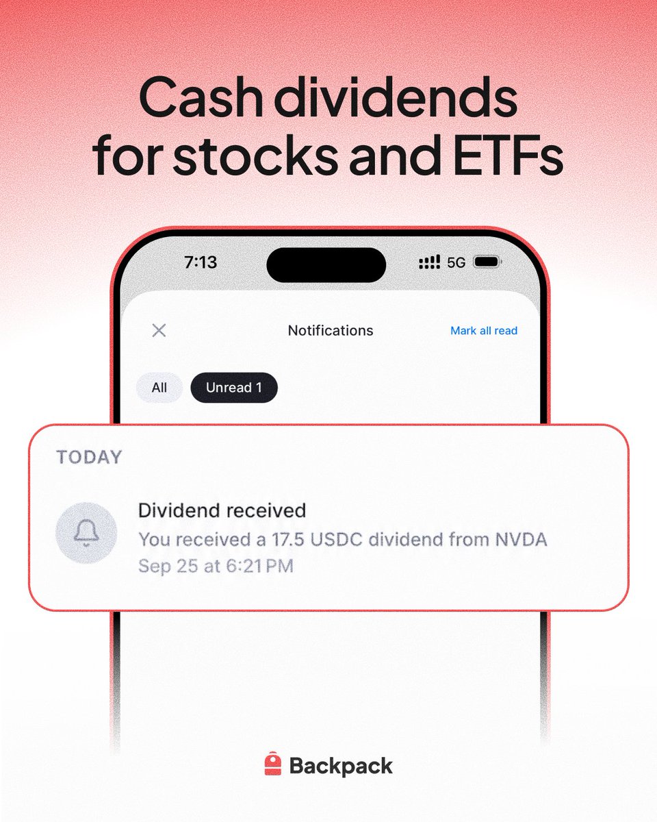 Backpack's tweet photo. Cash dividends for stocks and ETFs are now live on Backpack.

Eligible dividends are credited directly to your account 🎒 https://t.co/4FmbN5Zvoj