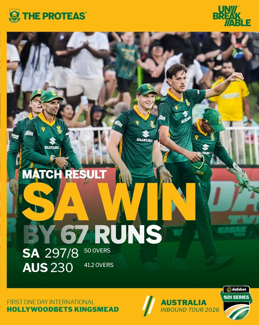 Sktipper's tweet photo. MATCH RESULT. 🏏🇿🇦

South Africa defend their total, bowling Australia out for 230 to secure a 67-run victory in the first ODI. 💪🇿🇦

A brilliant all-round team performance to start the series!

#Unbreakable #Gambling𝕏 https://t.co/j1ipY8dQQ7