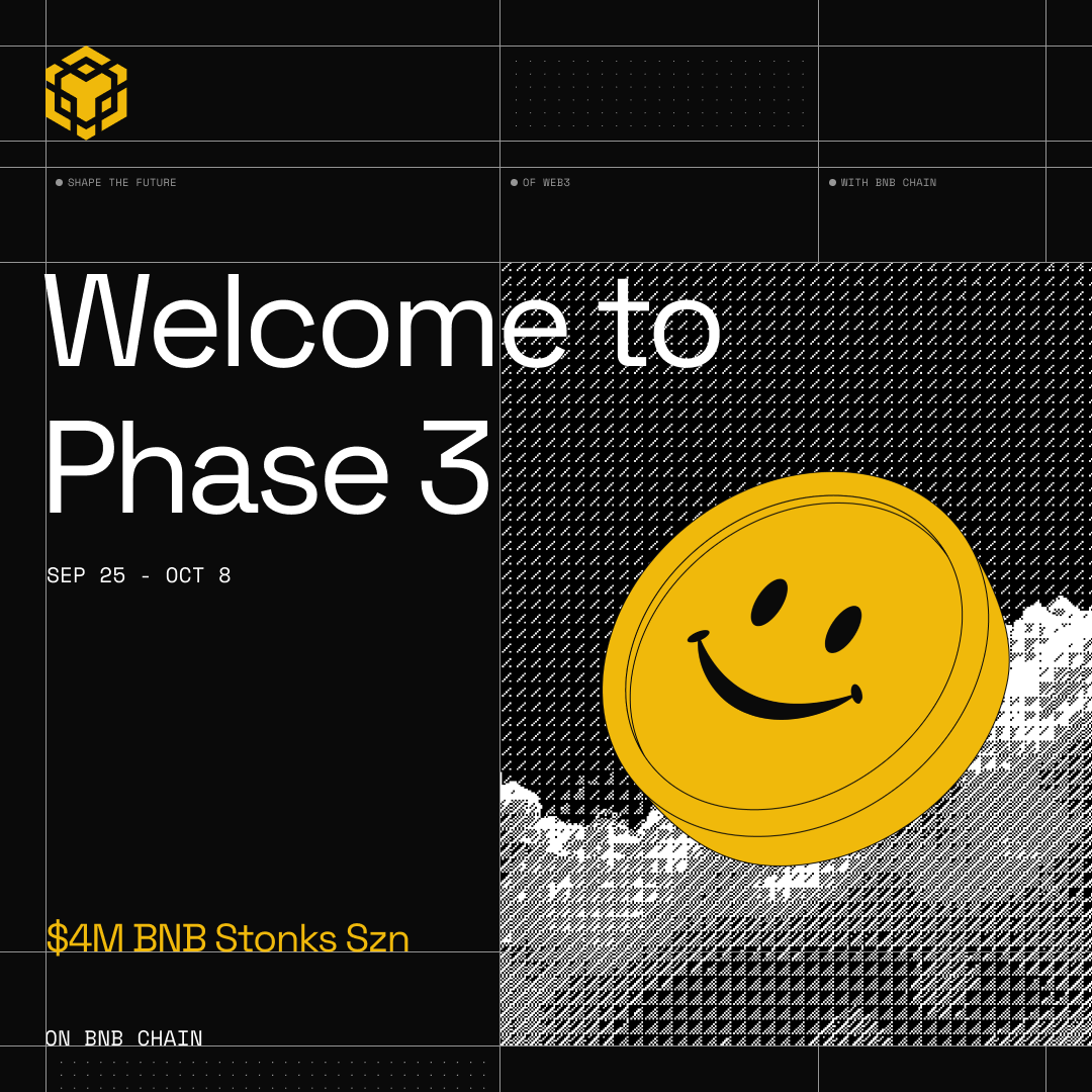 BNBCHAIN's tweet photo. Phase 3 of the $4M BNB Stonks Szn is now live.

New phase. New leaderboard. $400K in $U up for grabs.

Here’s how it works:
- Eligible stock memes compete for Top 3 on the Meme Ranking Dashboard
- Hold at least $100 of any one Top 3 stock meme
- The Top 3000 wallets based on HODLER Index (measured by how much and how long you hold) to qualify

Live from Sep 25 to Oct 8. Winner announcement and airdrop distribution by Oct 9.

Open to stock-meme pairs across @bstocksfinance, 4Stock, @Ondo, @xStocksFi & @Paimon_Finance’s pre-access assets launched on @fourdotmemezh, @flapdotsh & @GeniusTerminal. Stock memes listed on a Tier-0 CEX are not eligible for ranking. Wash-trading and bot filters apply.

All updates will come from the official BNB Chain X account.

Let the fun begin!