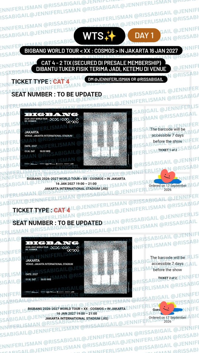 jenniferlisman's tweet photo. WTS BIGBANG DAY 1 JAKARTA
CAT4 - 1 tix presale membership

FREEBIES MENARIK🙏😭:
- 1 OFFICIAL PHOTOCARD BISA PILIH GROUP + 2 MASK MEDIHEAL

NCT
WAYV
SEVENTEEN
BTS
THEBOYZ

pake KTP aku sendiri, dp50%, dibantu tuker terima jadi, pelunasan di venue krn aku ntn jg
#BIGBANGINJAKARTA https://t.co/C40VwUES4m