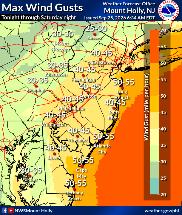 NWS_MountHolly's tweet photo. ⚠️🌬️🌊 A strong nor'easter will impact the region through this weekend. Strong winds may lead to tree damage and isolated power outages (tonight-Sat night). Coastal flooding is forecast to peak during the Saturday morning and/or evening high tide. (1/2) #PAwx #NJwx #DEwx #MDwx https://t.co/MpH5rBd9Oh