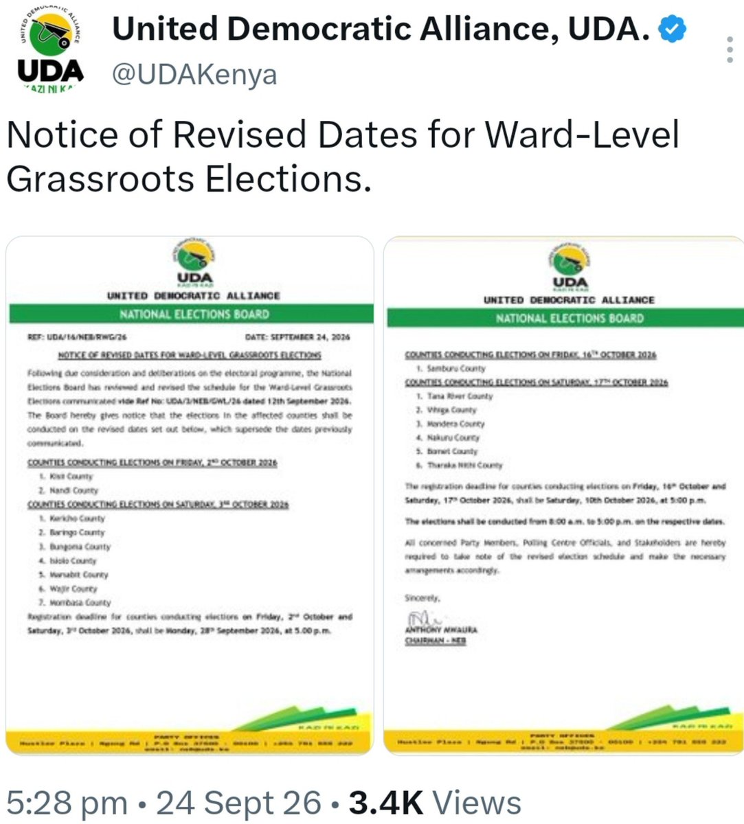 StephenWandeto's tweet photo. Article 91 (d) of the Kenyan Constitution says that every political party SHALL abide by democratic principle of good governance, PROMOTE and PRACTICE democracy through regular, fair and free elections WITHIN the party.

So conducting internal party elections is not an option. It is a constitutional requirement.

By observation,

Show me a political party that has been serious in conducting grassroot party elections between 2023 to 2026 other than UDA.

Political Parties have just perfected the art of rebranding by changing names and colours. Many are registered to be sold to the highest bidder during elections.

Any serious political party practitioner will tell you the strength of any party and it's aspirants is founded on its grassroot officials. 

Show me a single political party in the opposition that is organising grassroot elections at the level of UDA or close or they only spend time fighting over names and the likes.

I would rather a party that is trying, even with challenges.

What we are seeing is a joke to say the least. Opposition political parties need to wake up otherwise they are still on a very slippery road #GodBlessKenya🇰🇪