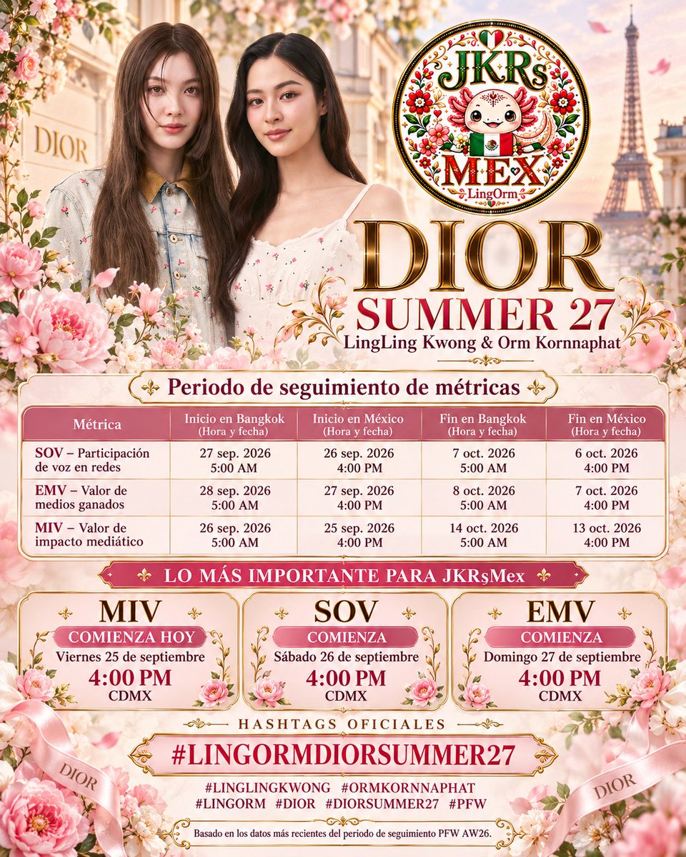 JkrsMex's tweet photo. 🚨 ATENCIÓN JKRsMex 🚨

Tenemos información MUY IMPORTANTE para el evento de DIOR SUMMER 27. ✨🇫🇷

Es momento de organizarnos y estar muy pendientes de los próximos horarios y actividades para apoyar a LingOrm. 💜

📌 Guarden esta información, activen sus recordatorios y prepárense para participar.

¡Vamos JKRsMex! 🇲🇽
Todo nuestro apoyo para LingLing Kwong & Orm Kornnaphat.