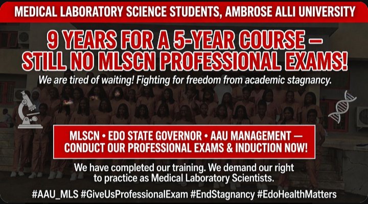 kp_healthmatter's tweet photo. 💔 Almost 10 years later… still waiting.

They entered Ambrose Alli University in 2017 full of hope.
They finished their courses.
They fulfilled every academic requirement.  Yet today, the 2017 Medical Laboratory Science set still has no certificates.
No induction
No future. https://t.co/aKOg80m9Ec