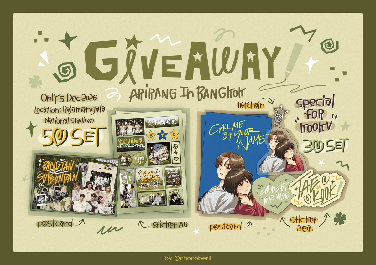 chocoberli's tweet photo. ☆ Giveaway BTS Arirang in BKK ☆
[ pls kindly rt ]

:¨ ·.· ¨: 
`· .  giveaway for Thai army

✧ only 5 Dec      time : tba ॱଳ͘
✧ Rajamangala National Stadium

( 🏡 retweet &amp; show this tweet .ᐟ )

#BTS_ARIRANG_BANGKOK
#BTS_WORLDTOUR_ARIRANG_BANGKOK
#BTS_WORLDTOUR_ARIRANG https://t.co/v3dedxdmaV