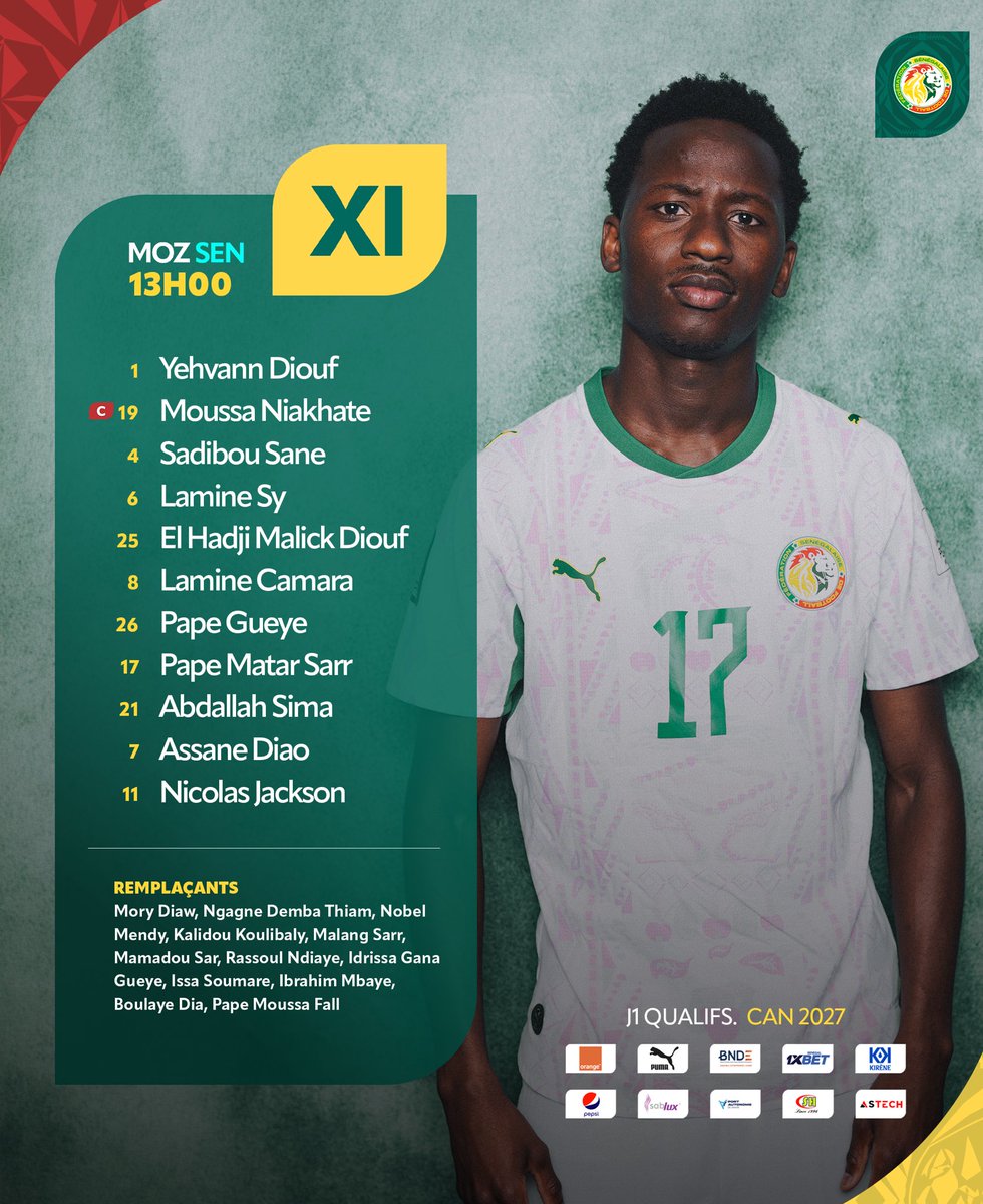 GaindeYi's tweet photo. 📋 Notre onze de départ contre le Mozambique, le premier sous l’ère Vieira. 

#MOZSEN | #AFCON2027Q https://t.co/pcQcbcGr3c