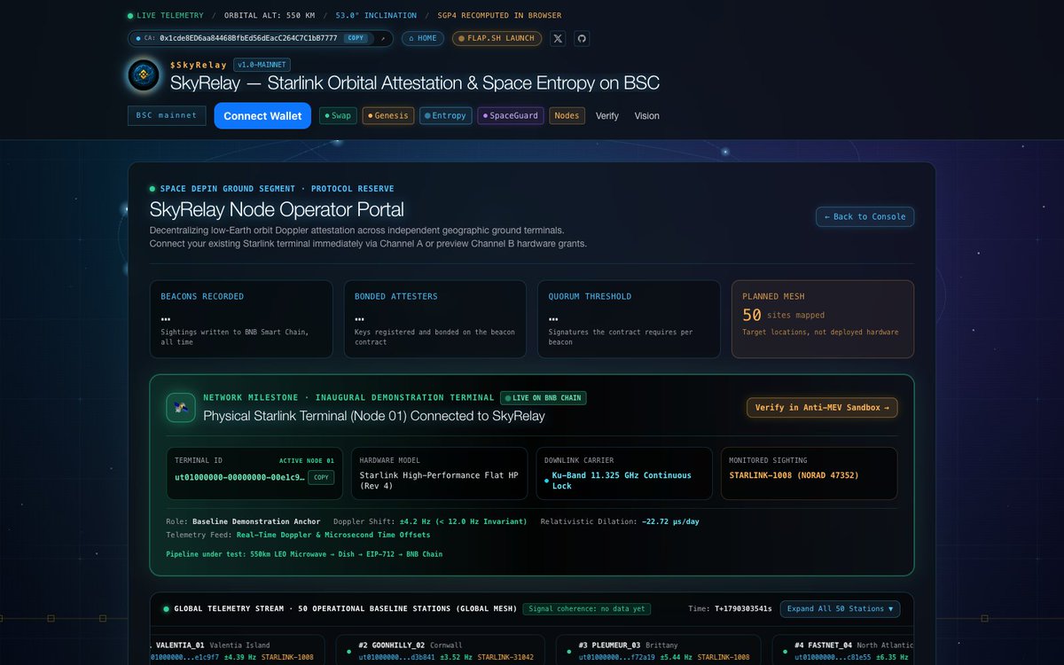 SkyRelayBSC's tweet photo. A comprehensive update on today’s SkyRelay roadmap and our global ground station expansion model:

What is on the roadmap today?
With Phase 1 physical BFT consensus officially locked at Quorum = 3/3 on BSC Mainnet (Ireland, UK, France triangle closed), our core focus today moves to physical utility:

Productionizing the Space Payload Mempool: Enabling any transaction or token CA to enter the overhead queue, achieving verifiable in-orbit origin notarization during the next satellite pass (https://t.co/Ju9UGyrCcd).

Physical Space Entropy Rounds: Harnessing real-time relativistic Doppler shifts from LEO satellites to feed un-sandwichable, manipulation-proof physical randomness into BSC smart contracts via SkyRelayEntropy.

How do we establish stations and find international partners?
We do not rely on opaque corporate partnerships or centralized franchise deals. Global ground expansion operates across two distinct channels:

Channel A: BYOD (Bring Your Own Dish) — 100% Permissionless There are over 4 million active Starlink terminals worldwide. Anyone operating a dish (Mini, Standard Gen 3, Flat HP) can connect immediately without any firmware modifications. By running our open-source daemon pointing to the local gRPC telemetry interface (192.168.100.1:9200) and locking native BNB collateral, anyone becomes an attester in under 5 minutes. This is genuine physical DePIN: permissionless participation where physical telemetry is the only truth.

Channel B: Strategic Maritime and High-Latitude Baselines Beyond consumer terminals, we partner with maritime transit vessels (such as MV Fastnet), high-latitude observatories, and coastal radio teleport stations to ensure seamless multi-angle geometric coverage across oceans and international air corridors.

Everything is open source and auditable.

Interactive Node Configurator: https://t.co/UIDDzG0B0Z

Node Operator Manual: https://t.co/96oGeD6ngr

Open Source Protocol: https://t.co/Jj5ybqKkzk