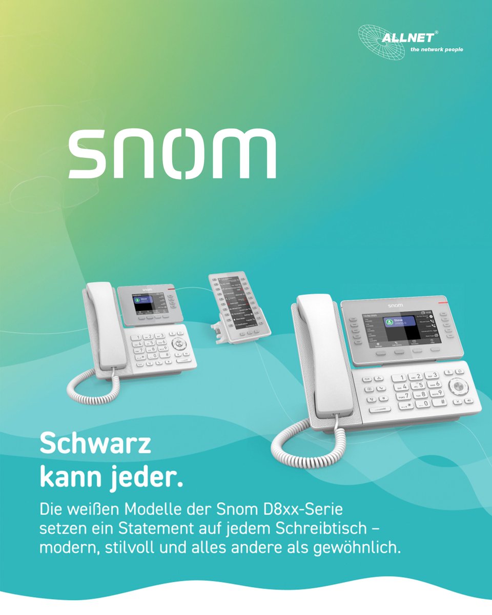 ALLNETGmbH's tweet photo. Snom D8xx-Serie – Schwarz kann jeder.
Die weißen Modelle der @Snom D8xx Serie setzen ein Statement auf jedem Schreibtisch – modern, stilvoll und alles andere als gewöhnlich!

Jetzt mehr erfahren:
➡️ https://t.co/wzZpJgTKmc

#Snom #D8xxSerie #VAD #TheNetworkPeople https://t.co/pIyaRe6XgX