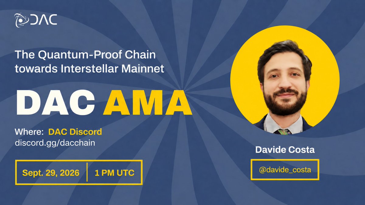 dac_chain's tweet photo. Pre-registration is underway. Now let’s talk about the launch it leads to.

DAC CIO @davide___costa  will walk through the Interstellar Mainnet launch and DAC’s near future, and answer community questions live.

Sept. 29, 1 PM UTC → https://t.co/q1sj2PthSW https://t.co/QfSwU1leV2