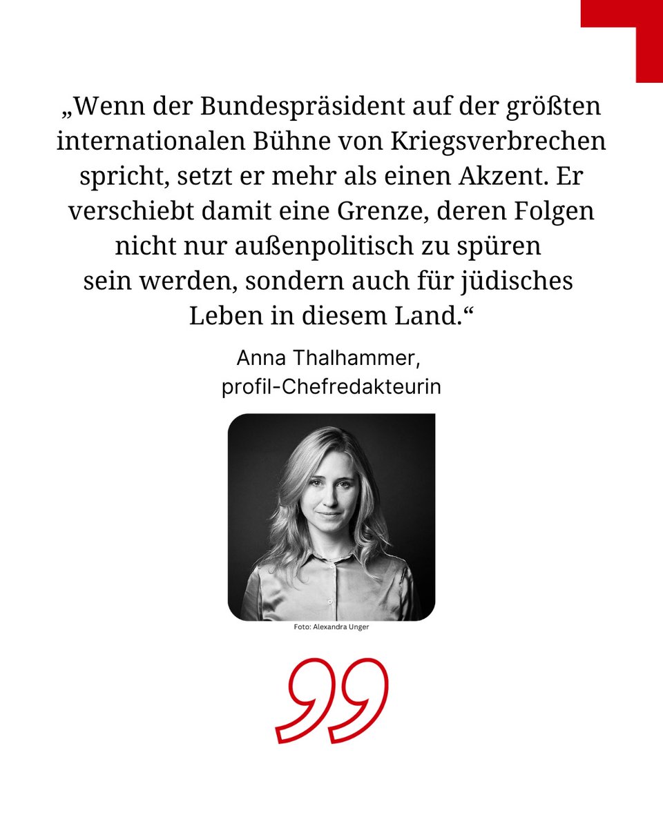 profilonline's tweet photo. Leitartikel von @anna_thalhammer​: „Der Bundespräsident erschwert mit seiner Wortwahl zu Israel etwas, das über Jahrzehnte mühsam aufgebaut wurde: Vertrauen, Verantwortung und sicheres jüdisches Leben in diesem Land.“ https://t.co/HTgPLvAWW3