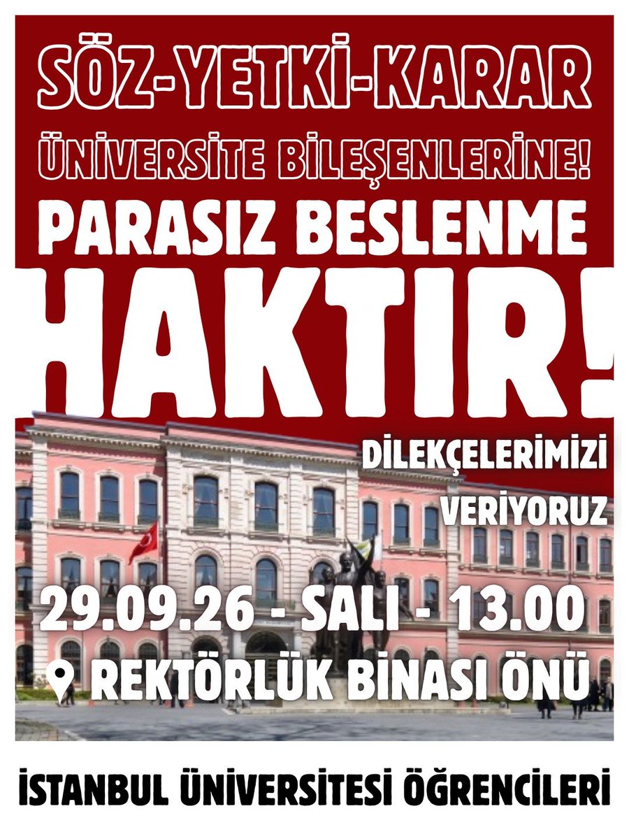 solgencyeni60's tweet photo. İstanbul Üniversitesinde hafta boyunca parasız ve nitelikli beslenme için topladığımız dilekçeleri kayyum rektörlüğe vermek için buluşuyoruz!

Parasız Beslenme Haktır!
⏰13.00
🗓️29 Eylül Salı https://t.co/ddFXaUZYjr